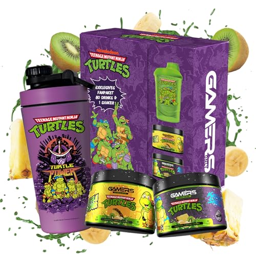 Gamers Only x TEENAGE MUTANT NINJA TURTLES Premium Collector Bundle [MIT ENERGY PULVER & VITAMIN DRINK ] - 40 Portionen | inkl. Edelstahlshaker | 125 MG Koffein & L-Tyrosin & 12 Vitaminen
