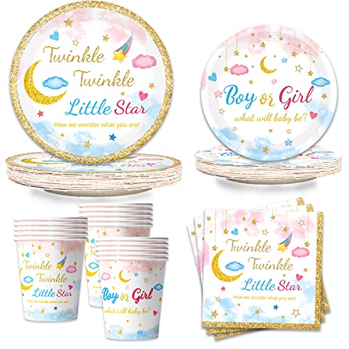 96Pcs Twinkle Twinkle Little Star Gender Reveal Party Supplies Tableware Set little Star Baby Shower Plates Napkins Forks Dinnerware for Baby Shower Decorations 24 Guests