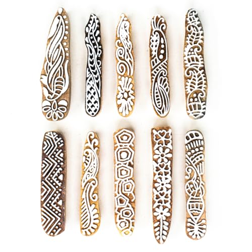 Image of Hashcart Wooden Indian Traditional Design Printing Stamps / Blocks for Printing Saree Border / Dresses / Craft Card Making / Scrapbook / Clay Pottery (Set of 10)