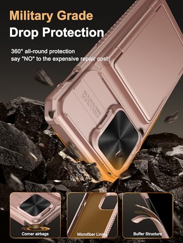 Image of Vihibii for iPhone 14 Pro Max Back Cover Wallet with Card Holder (4 Cards) [RFID Blocking] & Slide Camera Cover, Military Grade Drop Protection, Rugged Back & Silicone Edge Phone Case 6.7 inch, Rose Gold