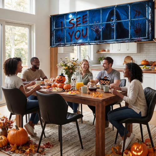 Image of Halloween Banner 118x35.4 Inch Scary Ghost Window Decoration Backdrop, Creepy Haunted House Party Decoration Outdoor Yard Sign for Festival Celebration, Fence Wall Porch Indoor Outdoor