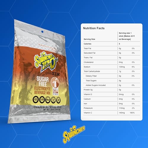Image of Sqwincher Zero Qwik Stik, Lemonade Tea, Sugar Free, Low Calorie, Low Sodium Electrolyte Powder Hydration Drink Mix, .11 0z Packet (Pack of 50)