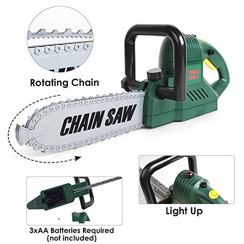 BeebeeRun 6 Pcs Kids Tool Set with Power Chainsaw, Pretend Play Tool Set with Measuring Tape and Hand Tools Accessories for 3 4 5 6 7 Years Old Boys Girls,Outdoor Lawn Tools Plastic Toy Chainsaw Set