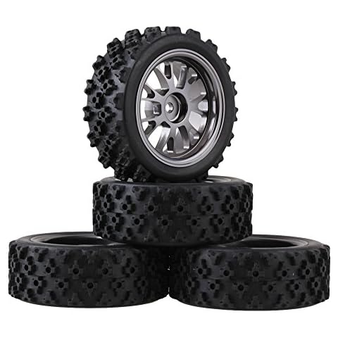 Mxfans Black Flower Pattern Aluminum Alloy Y-Shaped Wheel Titanium Color + Rally tire Skin 65MM Suitable for RC 1:10 Road Racing 4-Piece Set Cover