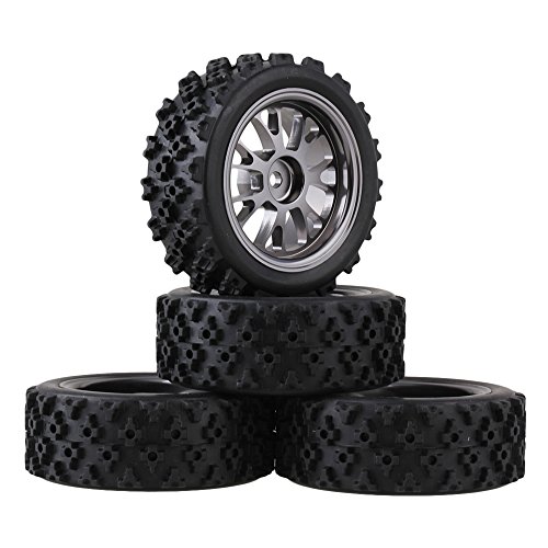 Mxfans Black Flower Pattern Rubber Tyres + Titanium Color Y-Shape Aluminum Alloy Wheel Rims for RC 1:10 On-Road Racing Car Set of 4