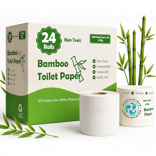 24 Rolls 100% Bamboo Toilet Paper, 3-Ply 400 Sheets | Healthy Tree Free Tissue | FSC Certified, Septic Safe, PFAS Free, Plastic Free Packaging, Elemental Chlorine Free, Hypoallergenic | Home RV Boat