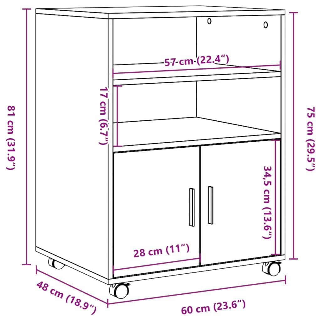 Armadio con ruote, in legno Sonoma, 60 x 48 x 81 cm, con ruote e vano armadio, spazio per ufficio e casa, mobile e versatile
