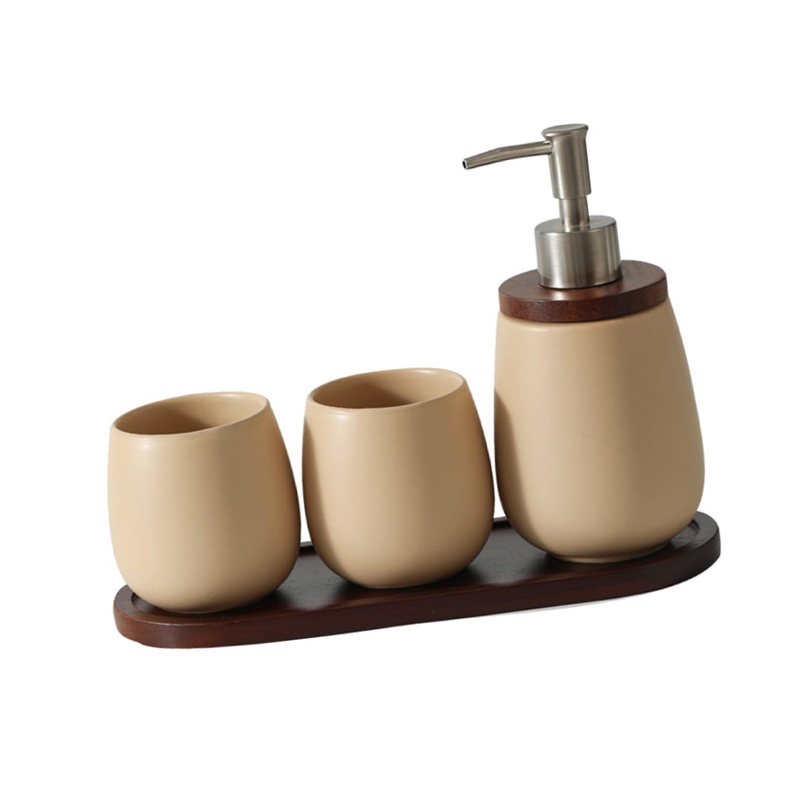 Carotoe Oatmeal Color Aesthetic Toothbrush Cup And Soap Dispenser Set With Wood Tray Great For Small Bathoom Countertop Organization Ceramic Mouthwash Cup Soap Dispenser Set