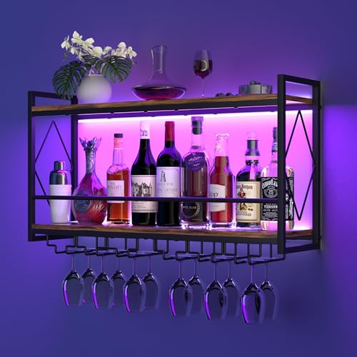 Nidouillet Wall Mounted Wine Rack with LED Light, 31.5' Bar Liquor Shelves with Glass Holder, Metal Hanging Bar Shelves Wine Storage Rack Display for Kitchen Home Bar Dining Room Living Room