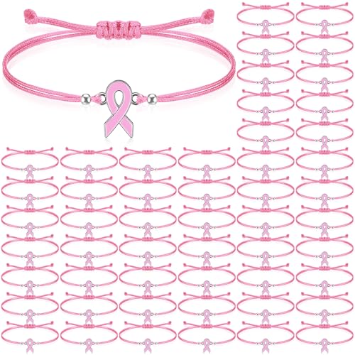80 Pcs Breast Cancer Awareness Bracelets Adjustable Pink Ribbon Cord Fan Strap Braided Bracelet Motivational Breast Gifts for Women Cancer Fighter
