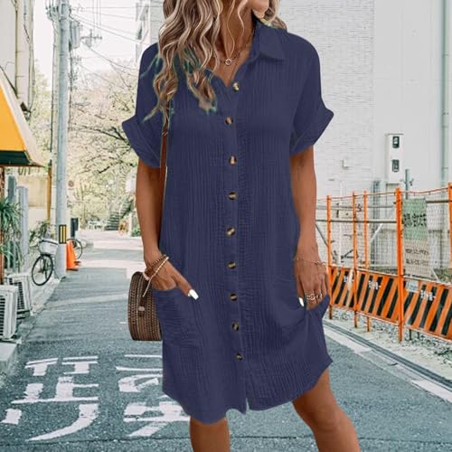 Womens 2025 Button Down Shirt Dresses Summer Casual Cotton Linen Dress Tunic Short Sleeve Midi Dress with Pockets2