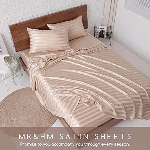 Image of MR&HM Satin Bed Sheets, King Size Sheets Set, 4 Pcs Silky Bedding Set with 15 Inches Deep Pocket for Mattress (King, Champagne Striped)