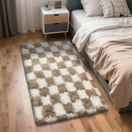Checkered Rug for Bedroom, 3x5 Beige and White Area Rugs,