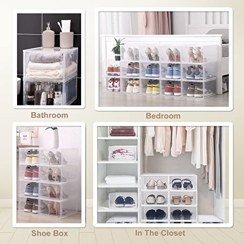 U-Lian 4 Pack Large Hard Plastic Shoe Boxes, Black Drop Front Shoe Storage Box Stackable, Xl Shoe Containers Size 13, Sturdy Sneakers Storage Box For Display, Storage, 13.5 X 10.6 X 7.4 Inches #TOP5