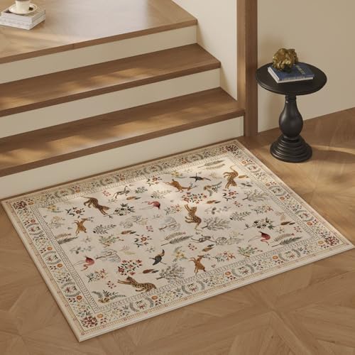 Door Mat Indoor Entrance 2x3 Rug Machine Washable Boho Floral Animal Small Area Rug Non-Slip Low Pile Throw Rugs for Entryway, Kitchen, Front Door Indoor Entrance, Entry, Kids Room (Beige)