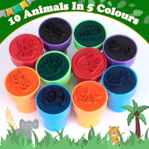 Romon 10 Stück Stempelset Tiere, Stempel Kinder, Niedliche Spielzeugstempel aus Plastik, Rund, Mehrfarbig, für Klassenzimmer Belohnungen, Party Taschenfüller, Kindergeburtstag Partygeschenk