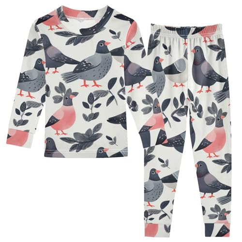 Pajama Sets Long Sleeve Birds Leaves Pattern Print Soft Comfy Sleepwear 2 Piece PJS 3-8T