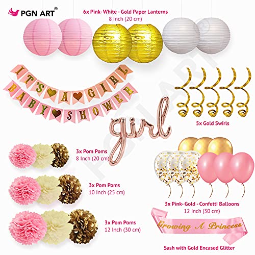 Image of Pink and Gold Baby Shower Decorations for Girl - 35 Pcs Princess Kit with It's a Girl Banner, Mom to Be Sash, Tissue Paper Pom Poms, Paper Lanterns, Bunting Garland - Baby Girl Party Supplies