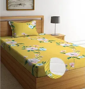 NEW LEAF Premium Cotton Elastic Fitted Bedsheets with 1 King Size Pillow Covers | Single/Diwan Bed with All Around Elastic 180 TC Supersoft | Size - 78X36+6 inches| Yellow & White