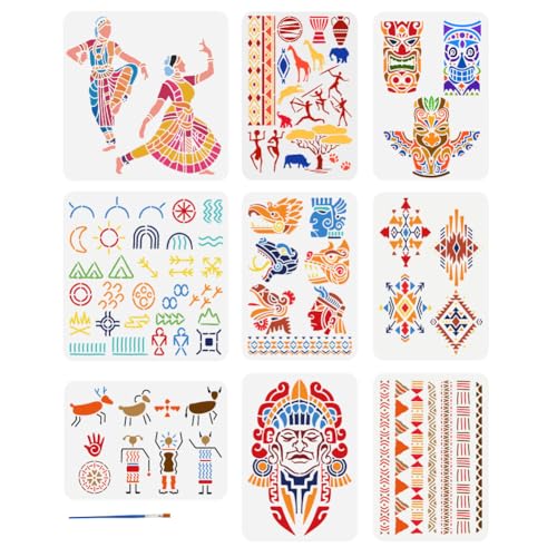 FINGERINSPIRE 9Pcs Pochoir de Dessin de Symboles Tribaux Avec Pinceau 2 Tailles Signe Aztèque Modèle de Peinture Culture Maya Danseurs Indiens Totems Mayas...