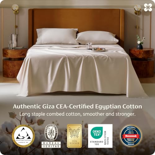 Image of Bedsure PureWoven 100% Giza Egyptian Cotton King Sheets, CEA & BV Certified | 18 inch Deep Pocket Sateen Sheets with Corner Straps, Durable & All-Season Breathable, Hotel Luxury, Oeko-Tex, Giftable, Beige