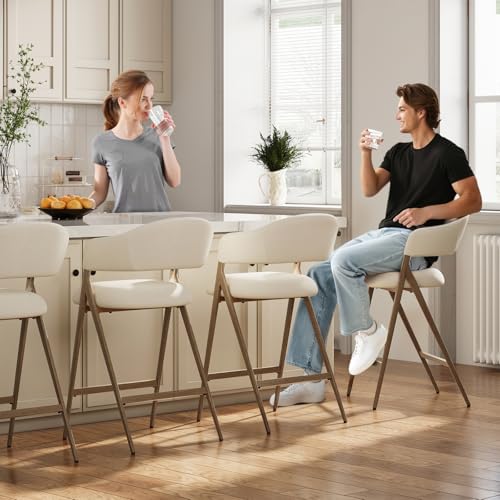 Image of Bar Stools Set of 4, Counter Height BarStools with Back, Modern Upholstered Island Stools with Metal Legs for Kitchen Counter, Dining Room, Beige