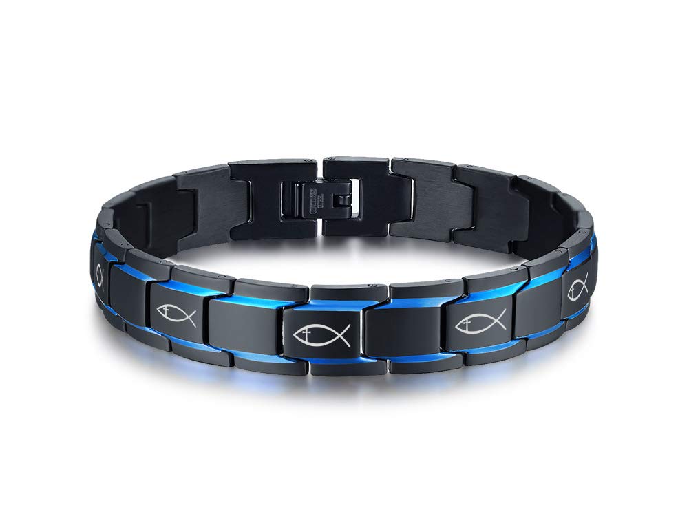 MEALGUET Black and Blue 2-Tone Stainless Steel Jesus Fish and Cross Symbol Engraved Christian Bracelets for MenReligious Jewelry