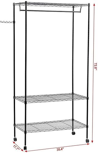 Miniatura 2 de Polyial Weave 3 niveles de gran tamaño ajustable resistente estante de ropa con estantes dobles para ropa y ruedas con bloqueo+1 par de ganchos