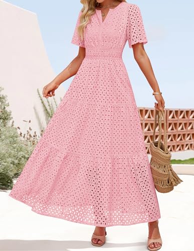 Image of ZESICA Women's 2026 Summer Short Sleeve Maxi Dress Casual V Neck Hollow Out Eyelet Ruffle Swing A Line Long Dresses