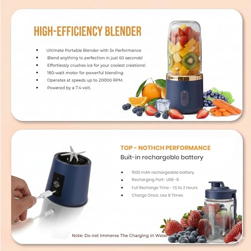 Image of ZENOVIA Portable Juicer Bottle with Dual Cup, Blue | USB Rechargeable, Smoothie Maker, Leakproof, Mini Juicer, Travel, Gym & Kitchen