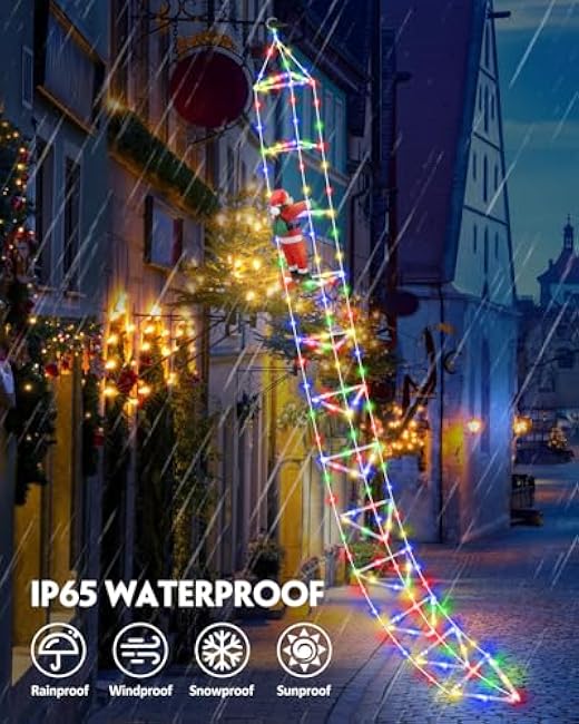9.8 FT 3D LED Christmas Ladder Lights with Santa Claus, Plug-in Waterproof 8 Modes Outdoor Christmas Decorative Lights for Garden, Home, Wall, Tree Xmas Decor