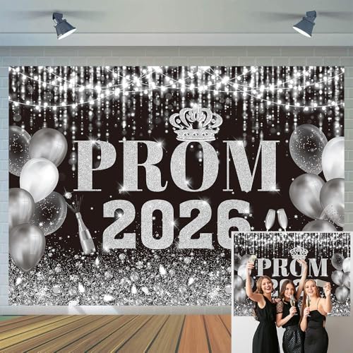 Black Silver Prom Graduation Backdrop Black Silver Glitter Ballon Congrats Grad Party Background 2026 Prom Party Decorations Banner Photo Props (7x5FT210x150cm)