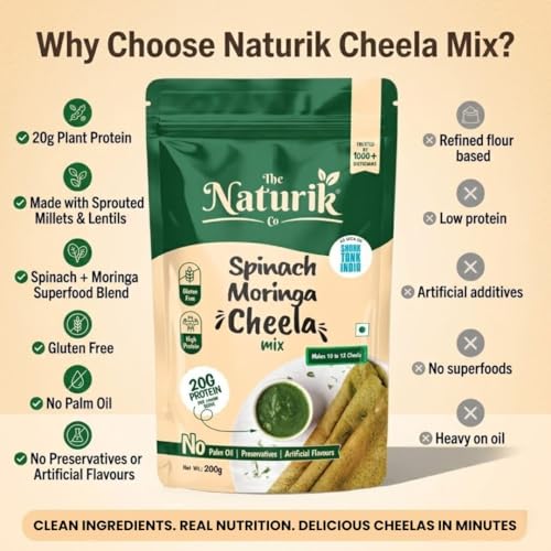 Image of The Naturik Co Spinach Moringa Cheela Mix 200g (Pack of 4) - Ready to Cook Chilla /Dosa Mix| Healthy & Instant Breakfast | Anytime Snack for Kids and Family | As Seen On Shark Tank