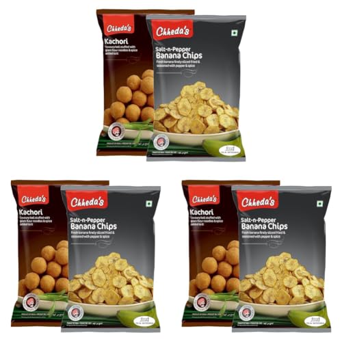 Image of Chheda's - Salt N Pepper Banana Chips (350 Gm) and Dry Kachori (300 Gm) | Banana Wafers | Indian Namkeen | Tasty Snacks | Ready to Eat - Combo Pack (Pack of 3)