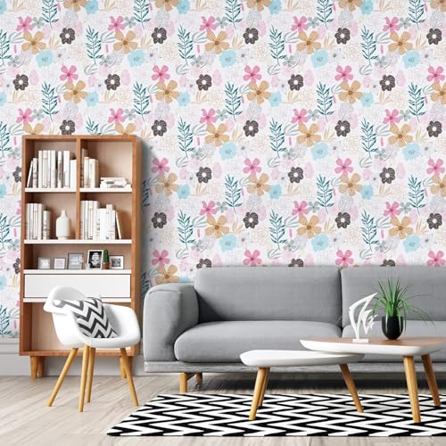 Image of ELTON Waterproof Peel and Stick Floral Wallpaper, Self-Adhesive Vinyl Wall Covering for Bedroom, Living Room Bathroom Cabinet, Countertop (45 x 300 cms, Floral)