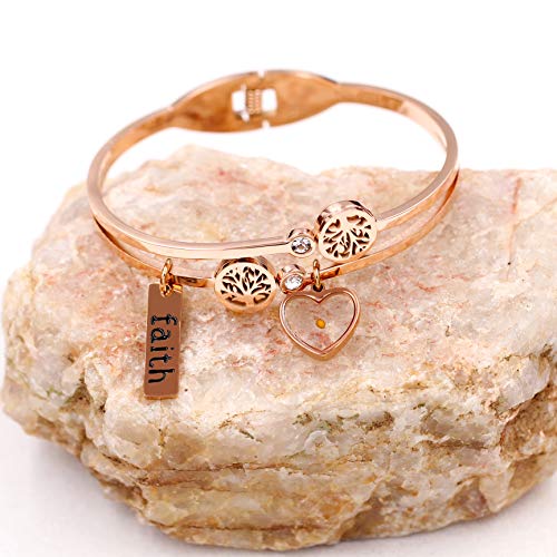 Image of Uloveido Rose Gold Plated Tree Of Life Bangle Cuffs Faith Mustard Seed Pendant Charms Open Bracelet for Women Y1028