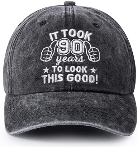 90th Birthday Gifts for Men Women, Vintage 90th Happy Birthday Gift Ideas Baseball Caps Adjustable, Funny 90th Washed Cotton Hats for Him Her Dad Mom Uncle Aunt Friends