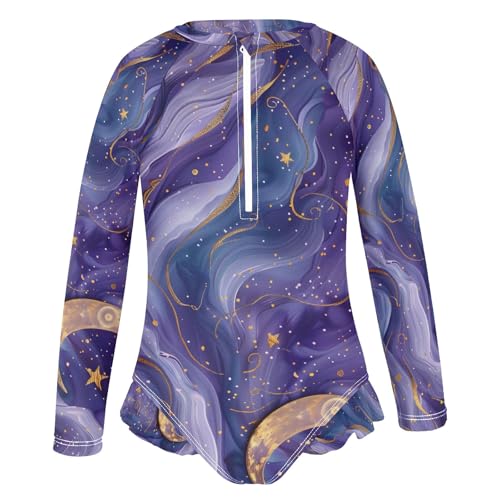 ALAZA Toddler Swimsuit Girl Bathing Suit Swimwear Rash Guard Purples Stars Crescent Moon Long Sleeve 3T2