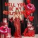 16 Inches Red 'WILL YOU BE MY GIRLFRIEND' Confession Letter Balloons with Heart-Shape, lips, love Foil Balloons and Rose Petals for Romantic Special Night Decorations and Valentines Day