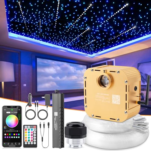 Image of 32W Meteor RGBW Twinkle LED Fiber Optic Lights, Bluetooth APP /Remote /Music Control Star Ceiling Light Kit+Adapter+Car Use Plug, Fiber Cable 1000pcs*0.03in*13.1ft with Shooting Stars Kit