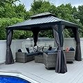 Domi Hardtop Gazebo 12x12FT, Outdoor Gazebo with Galvanized Steel Double Roof, Aluminum Frame, Built-in Gutter System, Curtain and Netting, Metal Gazebo Pavilion for Patio Deck Garden, Grey