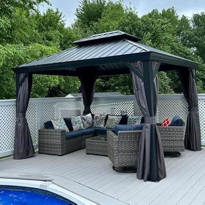 Domi Hardtop Gazebo 12x12FT, Outdoor Gazebo with Galvanized Steel Double Roof, Aluminum Frame, Built-in Gutter System, Curtain and Netting, Metal Gazebo Pavilion for Patio Deck Garden, Grey