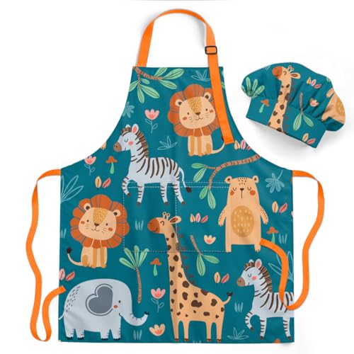 SANDJEST Kid Apron with Front Pocket, 2Pcs Apron and Chef Hat for Kids Boys Girls Toddler Baking Cooking Gardening Painting