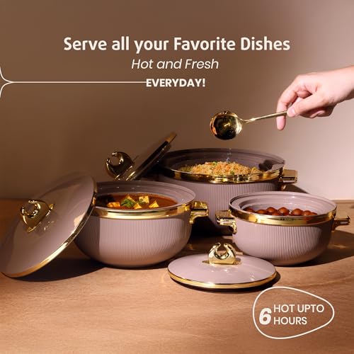 Image of SELVEL Royal Linex Casserole Collection | Insulated Hot Cases | Stainless Steel Inner | BPA-Free | Brown & Lime Green | (Royal Linex Casserole - Brown, Set of 3 (600ml+1200ml+1700ml))