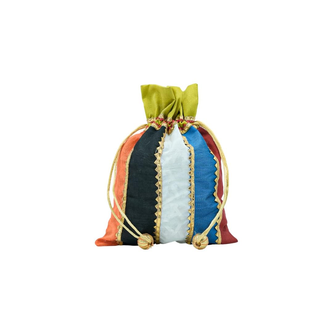 (Assorted - Random Color) Multicolor Drawstring Potli Bag, Silk Fabric, Gold Lace Trim, Traditional Indian Style (9x7 Inches)-image-44