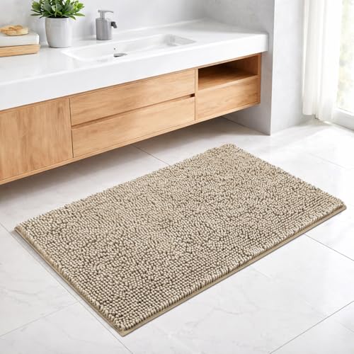 Image of LUXE HOME INTERNATIONAL Shaggy Chenille Bath Mat Extra Soft Super Absorbent Anti Skid Slip Popcorn Door Mats for Home Entrance, Bathroom, Bedroom, Kitchen, Floor Mat (45x75 cm Beige) Pack of 1
