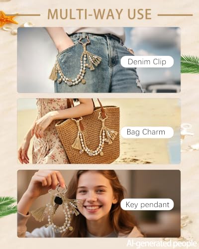 Image of Ocean Bag Charm, Pearl Braided Shell Keychain with Star Clasp