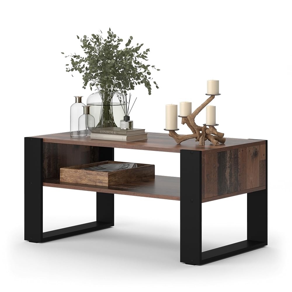 Vicco Mesa de Centro Olli, Madera Antigua, 92 x 52.4 cm | con estante, para guardar revistas y controles remotos