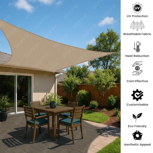 Image of HIPPO Shade Sail 9.5 Feet x 20 Feet Sun Shade 98% UV Block for Canopy Cover, Outdoor Patio, Garden, Pergola, Balcony Tent (Pearl Beige)