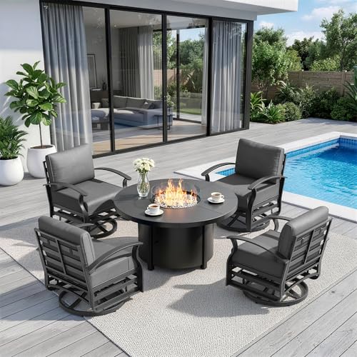 ASJMR 5 Piece Aluminum Outdoor Patio Furniture Set with 48" Round Propane Fire Pit, Outdoor Dining Table Set with 4 Aluminum Swivel Chairs, Outdoor Furniture Set with Fire Pit for Porch, Balcony, Grey